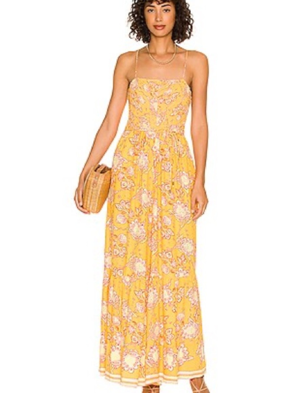 Free People Yellow Floral Maxi Sundress with Spaghetti Straps
